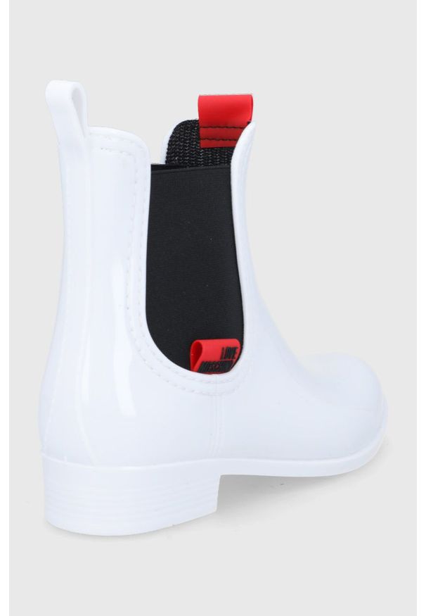 Love Moschino - Kalosze. Nosek buta: okrągły. Kolor: biały. Materiał: materiał, guma. Wzór: gładki. Obcas: na platformie