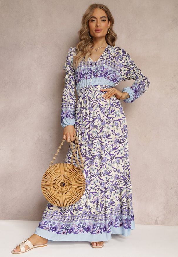 Renee - Fioletowo-Beżowa Sukienka Maxi w Kwiaty z Wiskozy Vellu. Kolor: fioletowy. Materiał: wiskoza. Wzór: kwiaty. Styl: boho. Długość: maxi