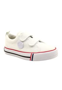 Trampki buty dziecięce na rzepy American Club LH63/21 White białe. Okazja: na uczelnię. Nosek buta: okrągły. Zapięcie: rzepy. Kolor: biały. Materiał: guma, materiał, bawełna. Wzór: aplikacja