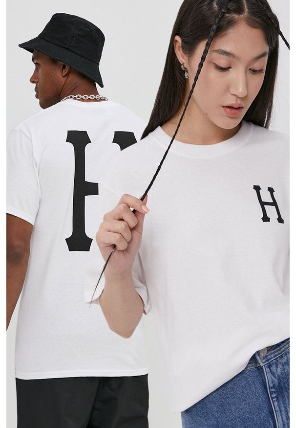 HUF - T-shirt bawełniany. Okazja: na co dzień. Kolor: biały. Materiał: bawełna. Wzór: nadruk. Styl: casual