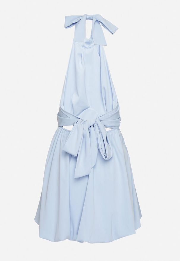 Born2be - Niebieska Sukienka o Bufiastym Kroju z Wiązaniem i Dekoltem Halter Alandoria. Okazja: na imprezę. Typ kołnierza: dekolt halter. Kolor: niebieski. Sezon: lato. Typ sukienki: sportowe. Styl: sportowy, elegancki