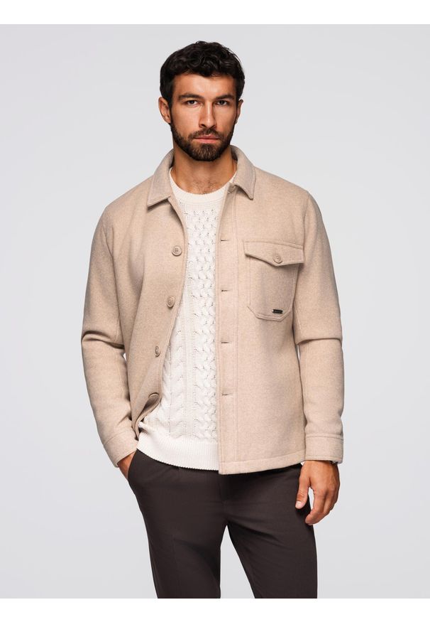 Ombre Clothing - Męska kurtka koszulowa - beżowa V1 - Rozmiar: M. Okazja: na co dzień. Kolor: beżowy. Materiał: wiskoza, tkanina, poliester. Styl: casual, klasyczny