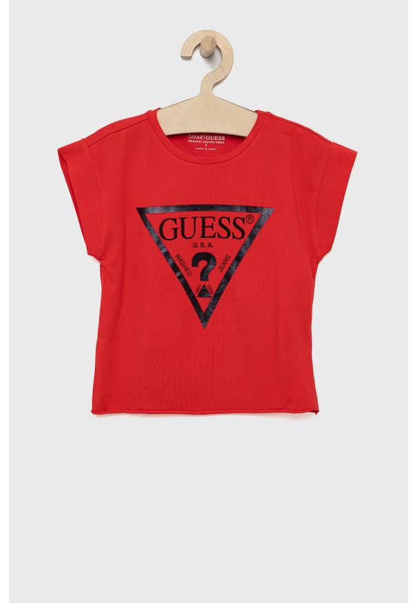 Guess - T-shirt dziecięcy. Okazja: na co dzień. Kolor: czerwony. Materiał: dzianina, bawełna. Wzór: nadruk. Styl: casual