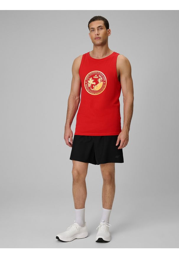 4f - 4F Koszulka bez rękawów regular z nadrukiem męska - czerwona M. Kolor: czerwony. Materiał: dzianina, bawełna. Długość rękawa: bez rękawów. Wzór: nadruk. Sezon: lato