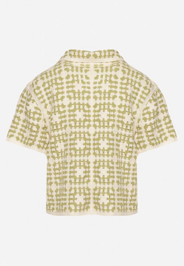 Born2be - Zielona Bawełniana Koszula z Geometrycznym Motywem Melicene. Okazja: na co dzień. Kolor: zielony. Materiał: bawełna. Długość rękawa: krótki rękaw. Długość: krótkie. Wzór: geometria. Styl: elegancki, casual, klasyczny, sportowy