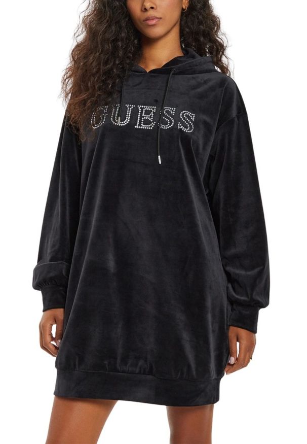 Guess - GUESS Сzarna damska długa welurowa bluza z kapturem Couture, Rozmiar S. Typ kołnierza: kaptur. Kolor: czarny. Materiał: welur. Długość: długie