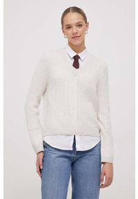 TOMMY HILFIGER - Tommy Hilfiger sweter wełniany damski kolor beżowy lekki. Kolor: beżowy. Materiał: wełna. Długość rękawa: długi rękaw. Długość: długie. Wzór: ze splotem