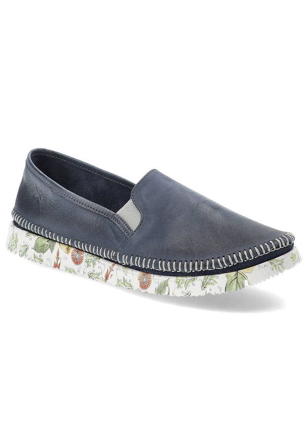 Niebieskie Wygodne Półbuty Maciejka Modne Buty Damskie. Okazja: na co dzień, na spacer. Zapięcie: bez zapięcia. Kolor: niebieski. Materiał: guma, skóra. Wzór: kwiaty. Sezon: wiosna. Styl: casual