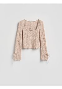 Reserved - Koronkowy longsleeve - beżowy. Kolor: beżowy. Materiał: koronka. Długość rękawa: długi rękaw