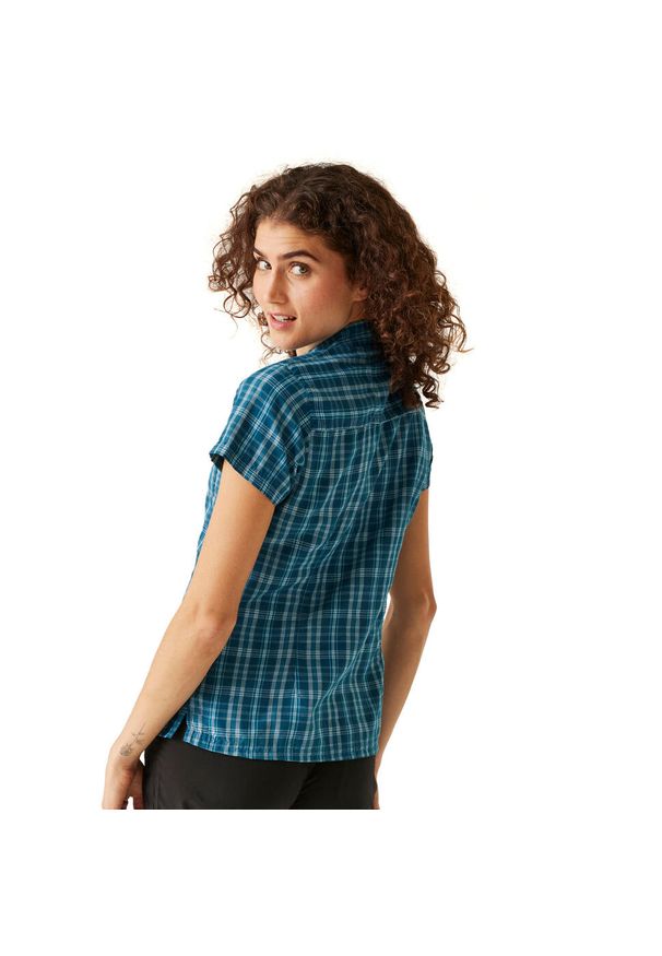 Koszulka turystyczna z krótkim rękawem damska Regatta Mindano VIII. Kolor: niebieski. Materiał: materiał. Długość rękawa: krótki rękaw. Długość: krótkie. Sport: turystyka piesza