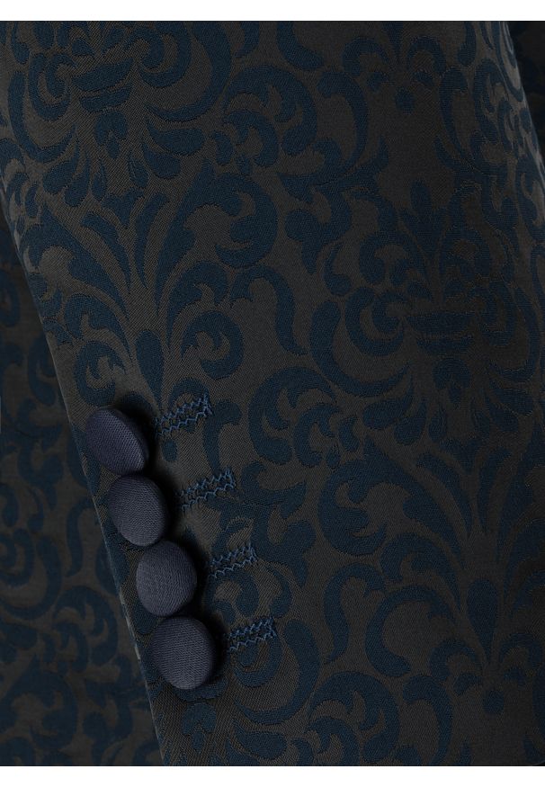 Pako Lorente - PAKO LORENTE – Granatowa żakardowa marynarka smokingowa. Okazja: na ślub cywilny, na sylwestra, na wesele, na studniówkę. Kolor: niebieski. Materiał: żakard