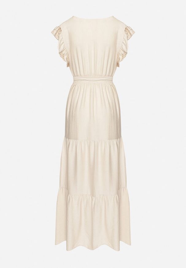 Born2be - Beżowa Wiskozowa Sukienka Kopertowa z Metaliczną Nicią i Haftem Frolvesa. Okazja: na co dzień. Kolor: beżowy. Materiał: wiskoza. Wzór: haft. Typ sukienki: kopertowe. Styl: casual, elegancki