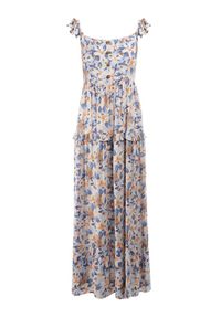 Born2be - Biało-Niebieska Sukienka Agathice. Typ kołnierza: dekolt kwadratowy. Kolor: niebieski. Materiał: wiskoza, tkanina. Długość rękawa: na ramiączkach. Wzór: kwiaty. Styl: klasyczny. Długość: maxi #6