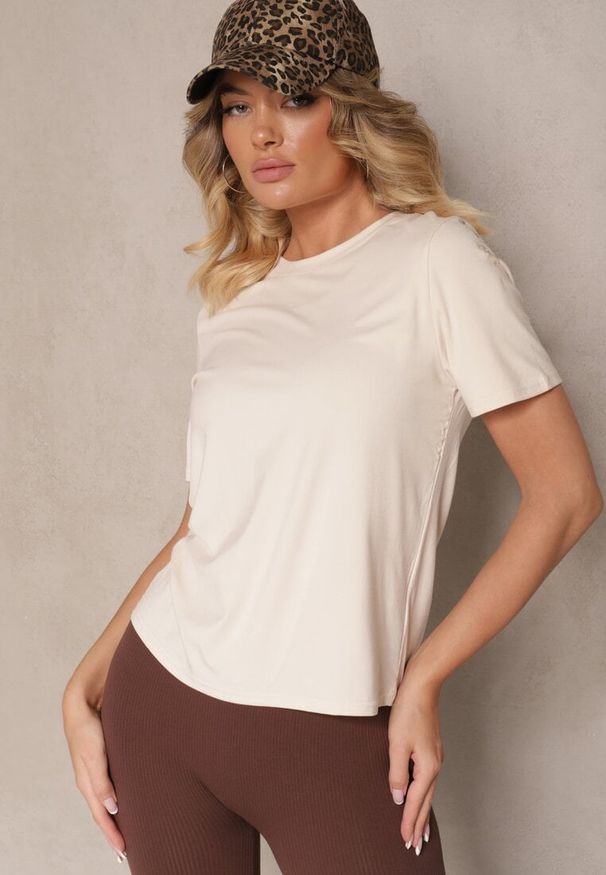 Renee - Beżowy Casualowy T-shirt z Wiskozy Arisanda. Okazja: na co dzień. Kolor: beżowy. Materiał: wiskoza. Styl: casual