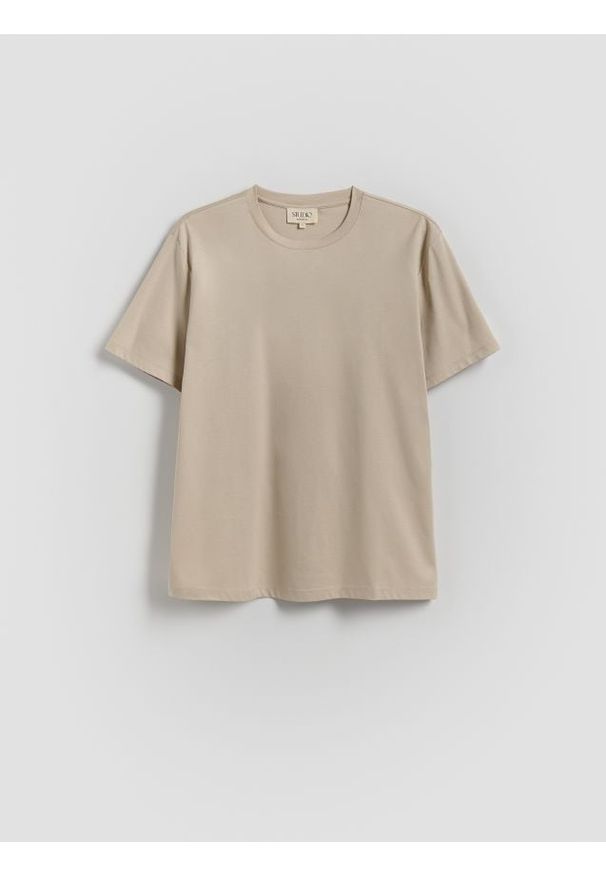 Reserved - T-shirt regular z domieszką modalu - beżowy. Kolor: beżowy. Materiał: bawełna, jedwab