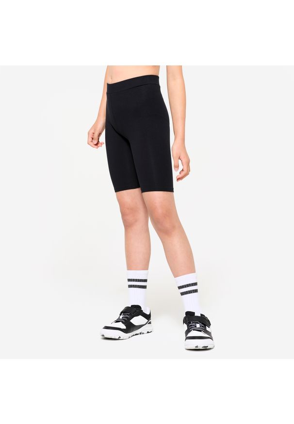 DOMYOS - Legginsy sportowe dla dzieci Domyos krótkie. Okazja: na uczelnię. Kolor: czarny. Materiał: bawełna, materiał, elastan. Długość: krótkie. Styl: sportowy. Sport: joga i pilates