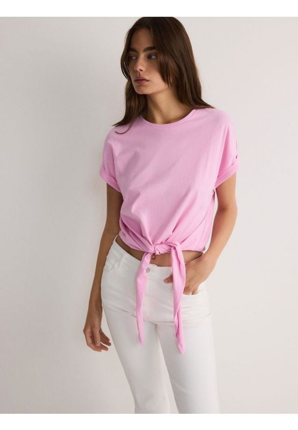 Reserved - Bluzka z wiązaniem - pastelowy róż. Kolor: różowy. Materiał: bawełna, dzianina