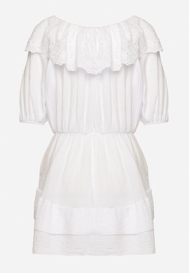 Born2be - Biała Bawełniana Sukienka z Ażurową Falbaną i Wiązaniem Univelle. Okazja: na co dzień. Kolor: biały. Materiał: bawełna. Wzór: ażurowy. Sezon: wiosna, lato. Styl: elegancki, casual, klasyczny