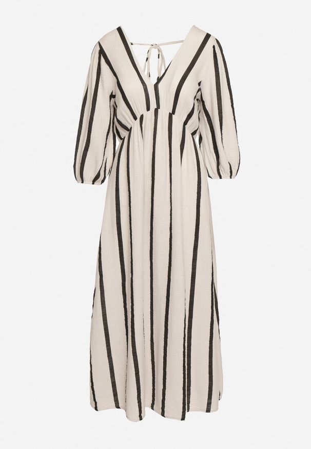 Born2be - Biało-Czarna Taliowana Sukienka z Bawełny z Motywem Pasków Rivettes. Okazja: na co dzień, do pracy. Typ kołnierza: dekolt w kształcie V. Kolor: biały. Materiał: bawełna. Wzór: aplikacja. Typ sukienki: proste. Styl: casual, elegancki, klasyczny