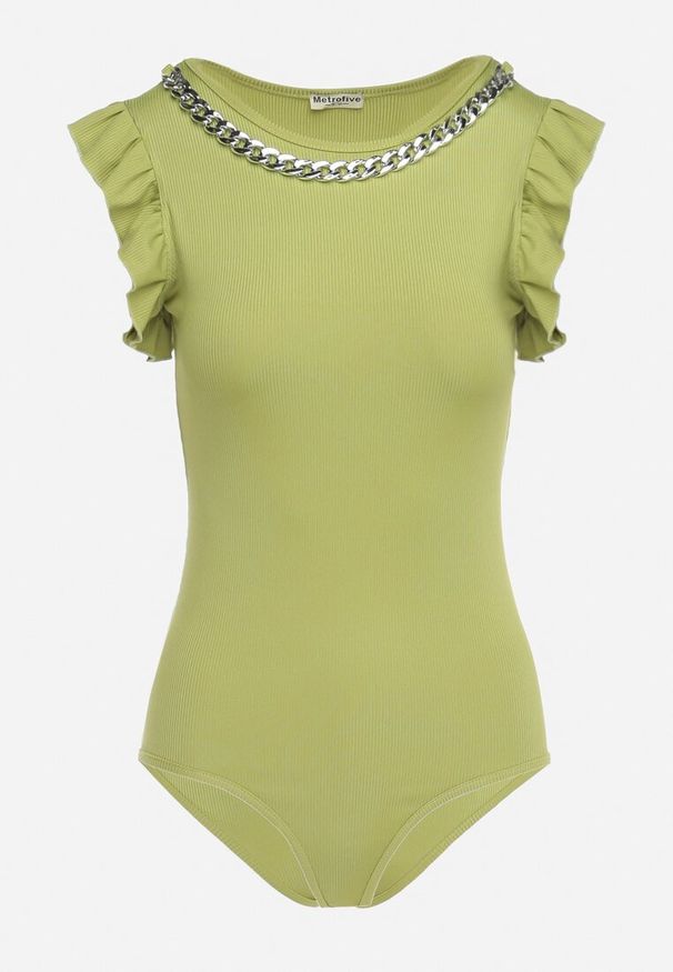 Born2be - Zielone Elastyczne Body z Ozdobną Falbanką i Łańcuchem Eleriatta. Okazja: na co dzień. Kolor: zielony. Materiał: tkanina. Wzór: aplikacja. Styl: casual