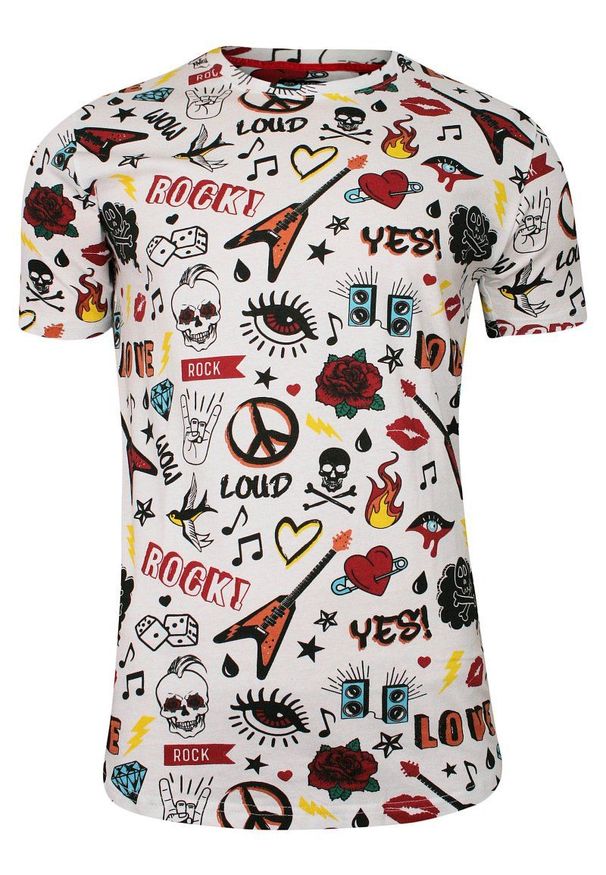 Biały Bawełniany T-Shirt Męski -Brave Soul- Koszulka, Krótki Rękaw, Czaszki, Serca, Mix Wzorów. Okazja: na co dzień. Kolor: wielokolorowy. Materiał: bawełna. Długość rękawa: krótki rękaw. Długość: krótkie. Wzór: nadruk. Sezon: lato, wiosna. Styl: casual