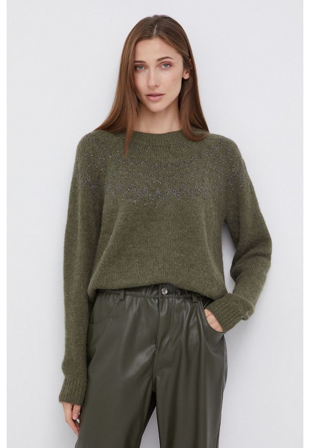 Mos Mosh - Sweter z domieszką wełny. Kolor: zielony. Materiał: wełna. Długość rękawa: długi rękaw. Długość: długie. Wzór: ze splotem