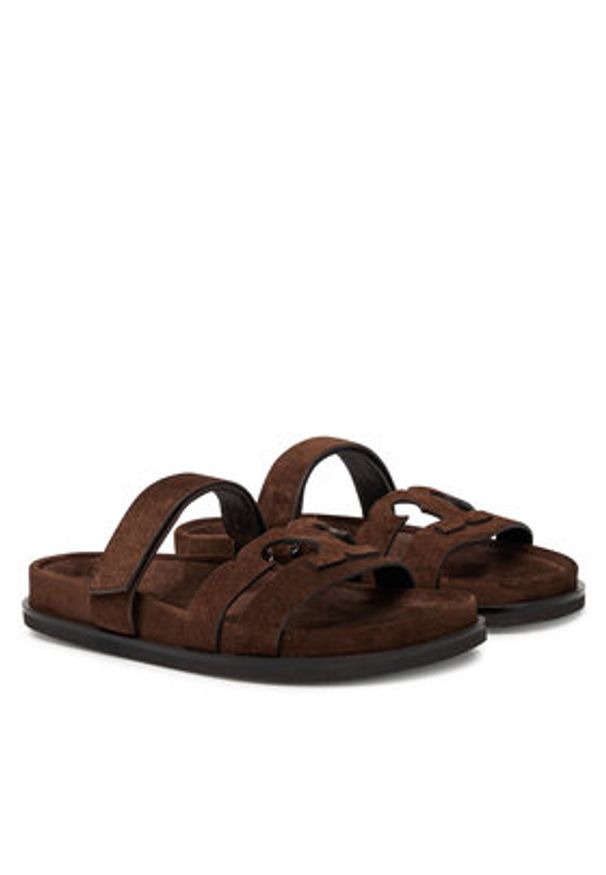 Tory Burch Klapki Ines Sport Slide 163481 Brązowy. Kolor: brązowy. Materiał: zamsz, skóra. Styl: sportowy