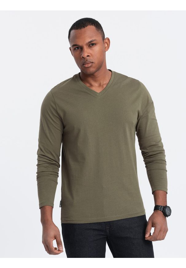 Ombre Clothing - Zestaw longsleeve męski V-NECK - mix 2-pak V9 - Rozmiar: M. Okazja: na co dzień. Kolor: szary. Materiał: tkanina, skóra, materiał, bawełna. Długość rękawa: długi rękaw. Długość: długie. Wzór: gładki, jednolity. Styl: klasyczny, wizytowy, casual