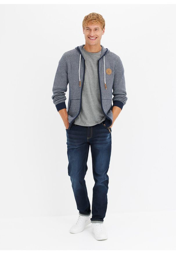 bonprix - Kardigan z kapturem, z czystej bawełny. Typ kołnierza: kaptur. Kolor: niebieski. Materiał: bawełna, materiał. Wzór: aplikacja