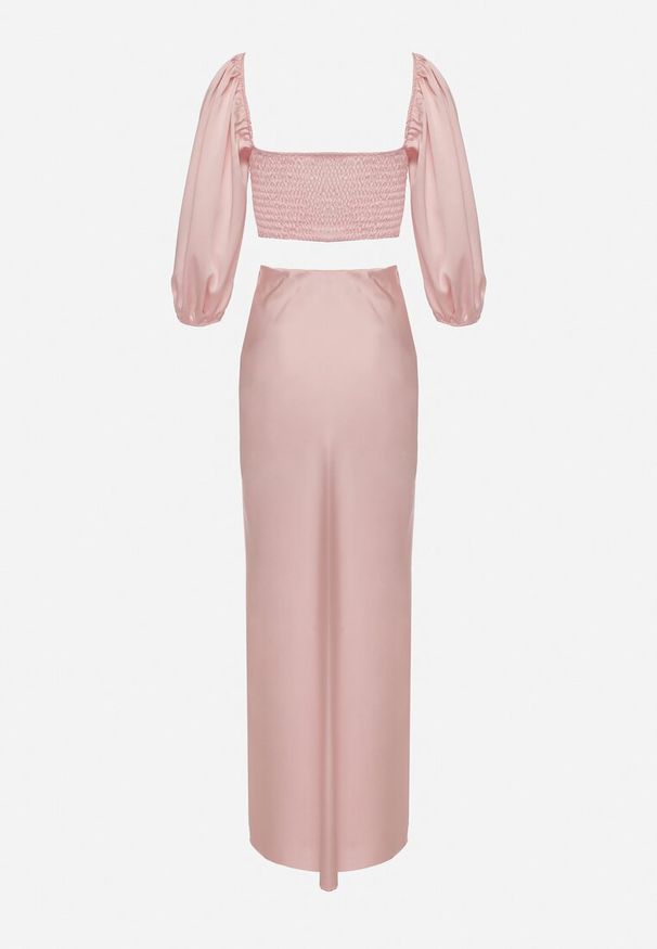 Born2be - Różowy Komplet Top z Bufiastymi Rękawami i Spódnica z Gumką w Pasie Dimetra. Kolor: różowy