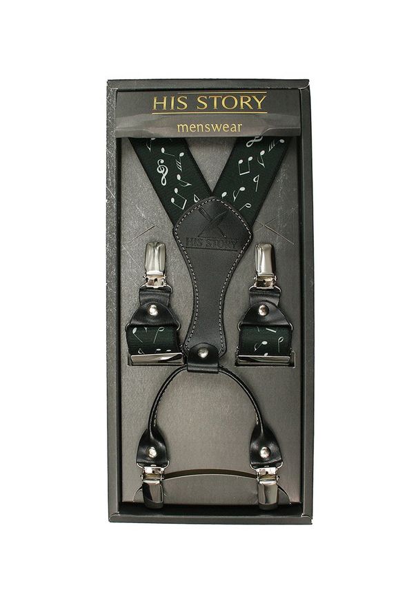 His Story - Szelki Szerokie, Ciemne Zielone w Nutki, Dla Muzyka, Męskie, Skóra Naturalna -HIS STORY- Stylowe. Kolor: zielony. Materiał: skóra, guma