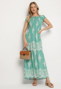 Born2be - Jasnozielona Wiskozowa Sukienka z Marszczoną Góra i Wzorem Boho Ellifae. Okazja: na co dzień. Kolor: zielony. Materiał: wiskoza. Wzór: aplikacja. Styl: boho #6