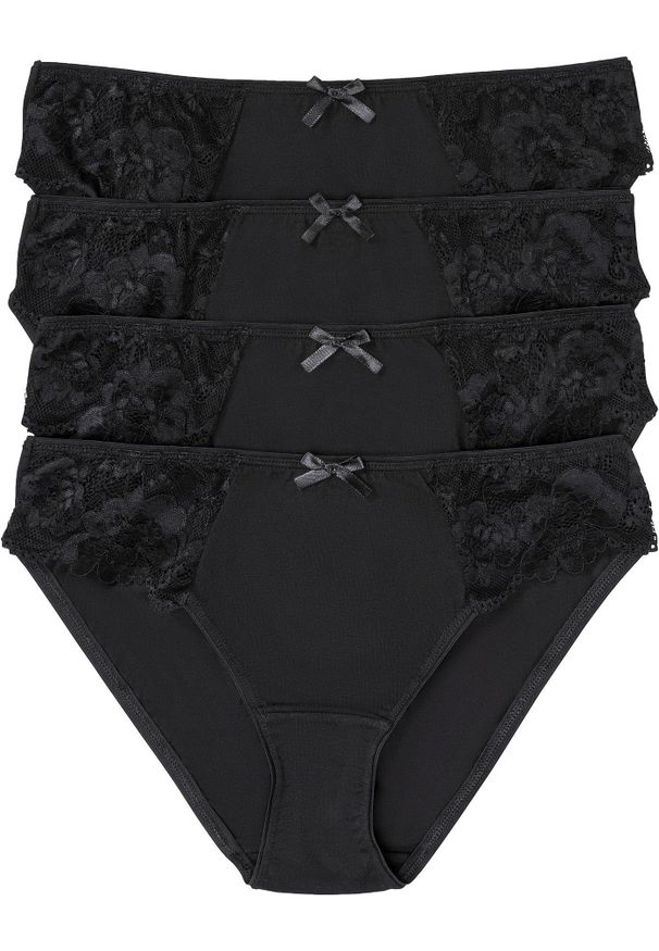 bonprix - Figi z miękką bawełną i koronką (4 pary). Kolor: czarny. Materiał: bawełna, koronka. Wzór: koronka