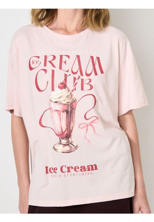 Sinsay - Koszulka z nadrukiem - różowy. Kolor: różowy. Wzór: nadruk