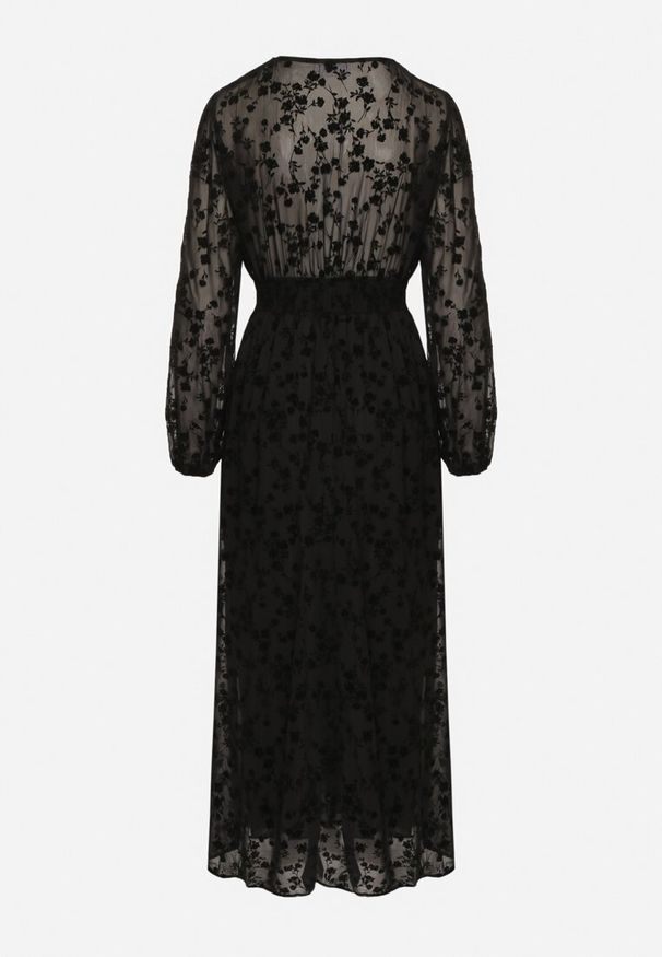 Born2be - Czarna Sukienka Rozkloszowana z Prześwitującymi Wstawkami Ozdobiona Kwiatami Kalabia. Okazja: na co dzień, na imprezę. Kolor: czarny. Materiał: jeans, materiał. Długość rękawa: długi rękaw. Wzór: aplikacja, kwiaty. Styl: casual, elegancki