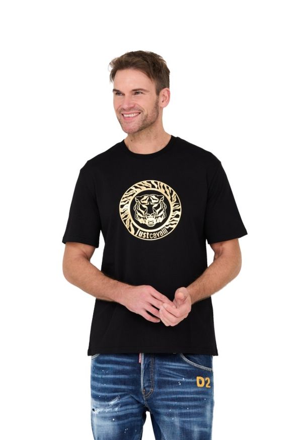Just Cavalli - JUST CAVALLI Czarny męski t-shirt T-round Gold, Rozmiar S. Kolor: czarny