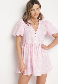 Born2be - Różowa Rozkloszowana Sukienka z Guzikami i Bufiastymi Rękawami Ateluna. Okazja: na co dzień. Kolor: różowy. Typ sukienki: rozkloszowane. Styl: casual, elegancki #6