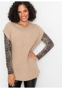 Sweter w warkocze bonprix beżowy melanż. Kolor: beżowy. Materiał: bawełna, elastan, poliamid, materiał, akryl. Wzór: melanż #4