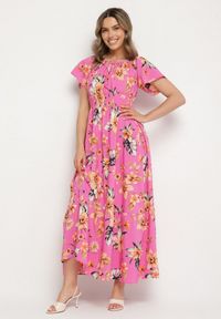 Born2be - Fuksjowa Sukienka w Kwiaty z Gumką w Talii i Hiszpańskim Dekoltem Devoris. Okazja: na co dzień, na imprezę, na spacer. Kolor: różowy. Wzór: kwiaty. Sezon: lato. Styl: casual, elegancki #1