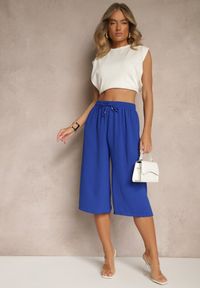 Renee - Niebieskie Spodnie Kuloty z Bawełną High Waist Azetia. Okazja: na co dzień. Stan: podwyższony. Kolor: niebieski. Materiał: bawełna. Sezon: lato, wiosna. Styl: sportowy, elegancki, casual