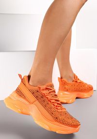 Born2be - Pomarańczowe Sneakersy na Płaskiej Grubszej Podeszwie z Ozdobnymi Cyrkoniami Elissira. Kolor: pomarańczowy. Materiał: materiał. Wzór: jednolity
