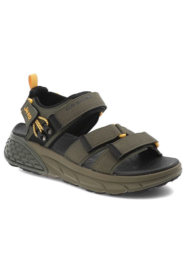 Zielone Sandały Jeep Modne Obuwie Męskie. Zapięcie: rzepy. Kolor: zielony. Materiał: materiał. Wzór: paski. Styl: street, elegancki