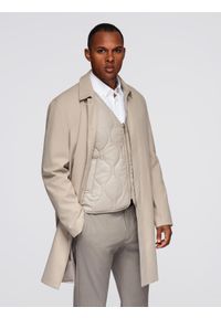 Ombre Clothing - Minimalistyczny płaszcz męski z odpinaną kamizelką - beżowy V1 - Rozmiar: M. Kolor: beżowy. Materiał: poliester, materiał. Styl: klasyczny, elegancki #1