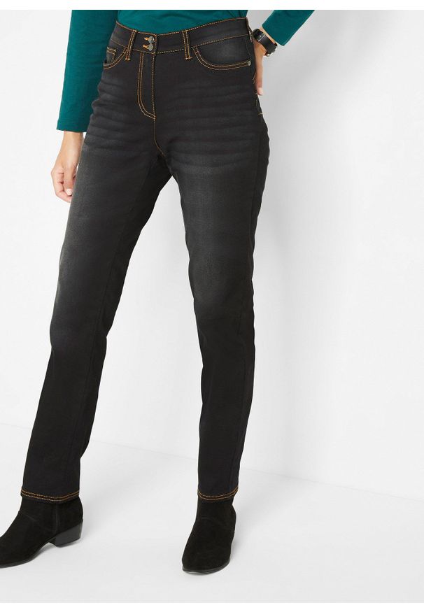 bonprix - Dżinsy ocieplane, straight, z efektem push up i wygodnym pasem w talii. Kolor: czarny