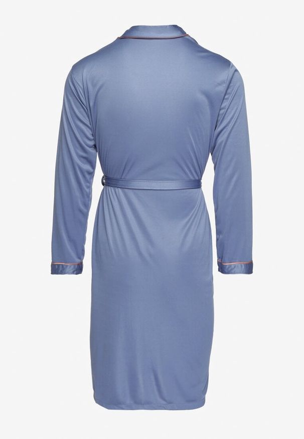 Born2be - Niebieski Szlafrok z Bawełną Zdobiony Elegancką Lamówką i Aplikacją z Wiązanym Paskiem Attelora. Kolor: niebieski. Materiał: bawełna. Wzór: aplikacja