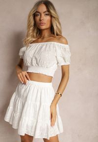 Renee - Biały Bawełniany Komplet Ażurowy Krótki Top Spódnica z Gumką w Pasie Igue. Kolor: biały. Materiał: bawełna. Wzór: ażurowy #4