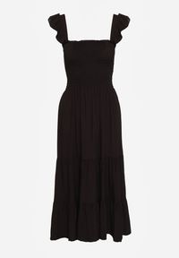 Renee - Czarna Sukienka z Bawełny na Ramiączkach Ozdobiona Falbanami i Gumkami Mevalys. Okazja: na co dzień. Kolor: czarny. Materiał: bawełna. Długość rękawa: na ramiączkach. Wzór: aplikacja. Typ sukienki: rozkloszowane. Styl: elegancki, casual #8