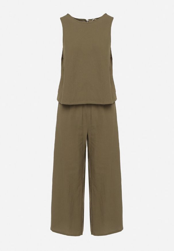 Born2be - Ciemnozielony Bawełniany Komplet Top i Szerokie Spodnie Kuloty Sinelia. Kolor: zielony. Materiał: bawełna