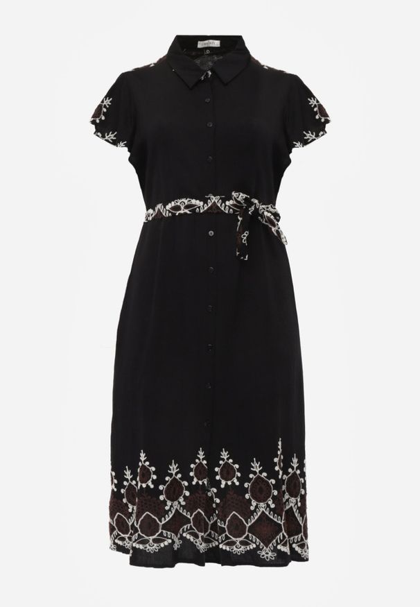 Born2be - Czarna Wiskozowa Sukienka Koszulowa Zdobiona Haftem i Wiązanym Paskiem Telonesa. Okazja: na co dzień. Kolekcja: plus size. Kolor: czarny. Materiał: wiskoza. Wzór: aplikacja, haft. Typ sukienki: koszulowe. Styl: casual