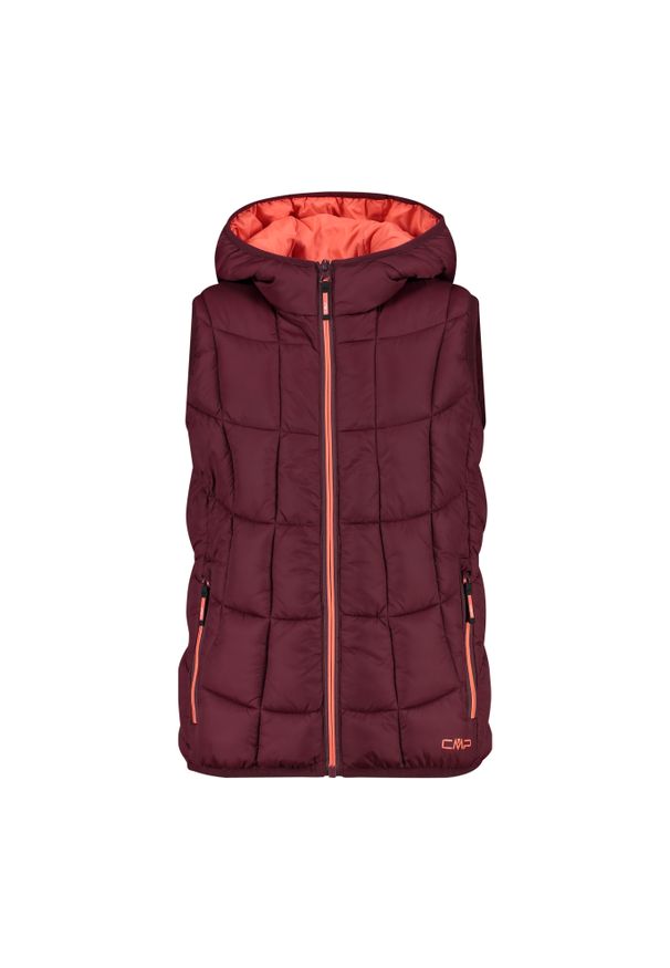 Dziewczęca kurtka bez rękawów z kapturem CMP. Typ kołnierza: kaptur. Kolor: czerwony, wielokolorowy, brązowy. Długość rękawa: bez rękawów